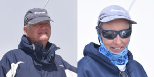 Captain Bob strikes a serious pose at the helm of the Double X, as Els prepares for departure, both eager to begin the Pacific crossing. Sausalito, Calif., July 2016. Photos: L. Williams