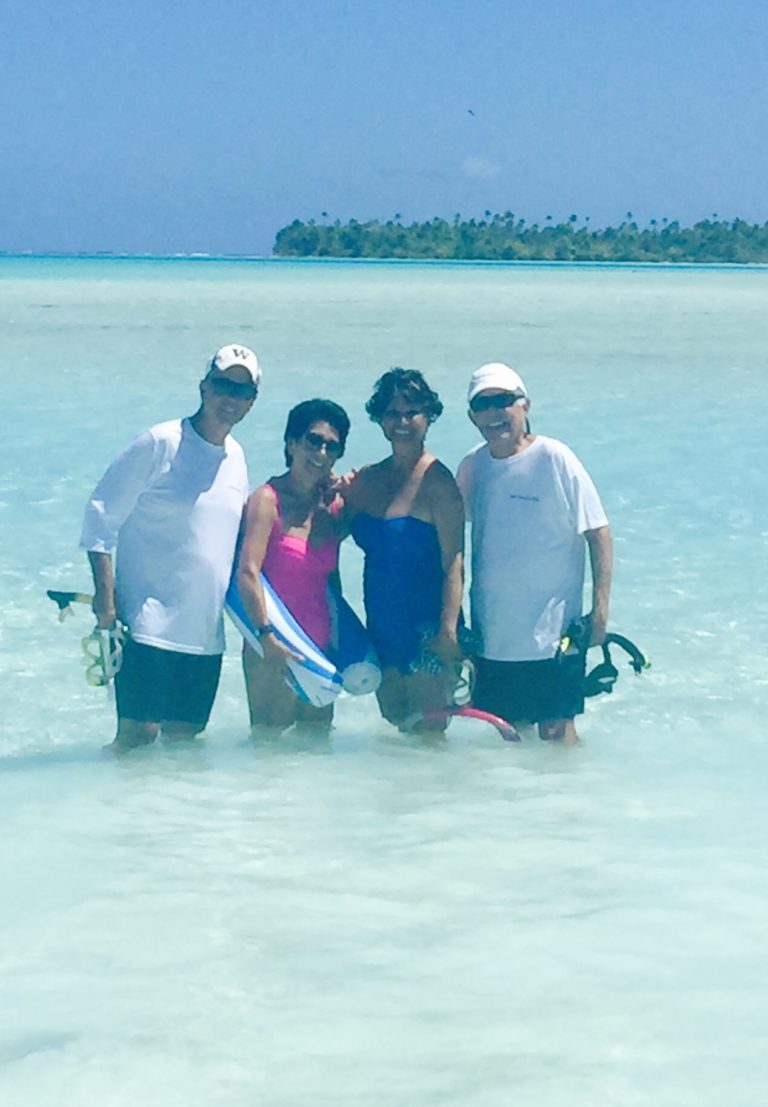 John, Elise, Francesca and I pose for a photo while snorkeling in the lagoon on Rangiroa in the Tuamotos. The water was calm here, but during our sail from Rangiroa to Ahe, the conditions were so tough that no one onboard was able to take any photos. September 2016. Photo: F. Rehnborg