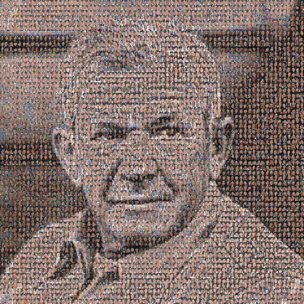 A photo mosaic of Carl F. Rehnborg looking off into the distance. The image serves as a reminder that people are at the heart of the Amway Opportunity as well as his deep understanding that individual discoveries, especially in the area of nutritional science, create the bigger picture of optimal health.
