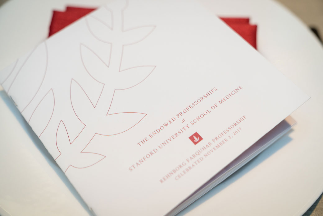 The program celebrating the endowment of the Rehnborg Farquhar Professorship at Stanford University School of Medicine. The inaugural holder of the chair is Professor Christopher Gardner, Ph.D. Menlo Park, Calif., November 2, 2017.