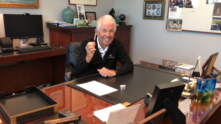Dr. Sam Rehnborg at his desk, getting ready to write a letter. Writing by hand, especially letters of gratitude, can deliver serious benefits for your health, your relationships and your business. Buena Park, Calif., November 6, 2018.